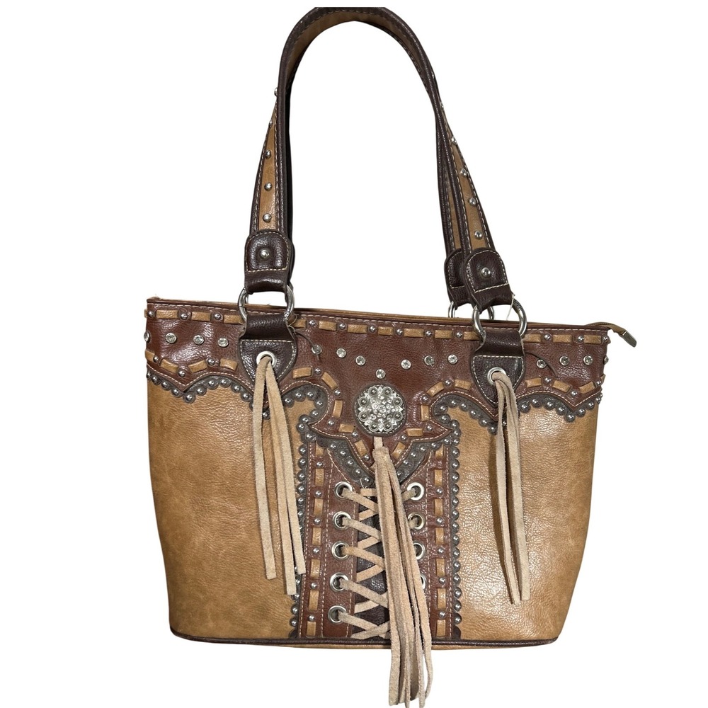 Montana West Western Studded Fringe Corset Tote Bag Brown Western Boho Rodeo